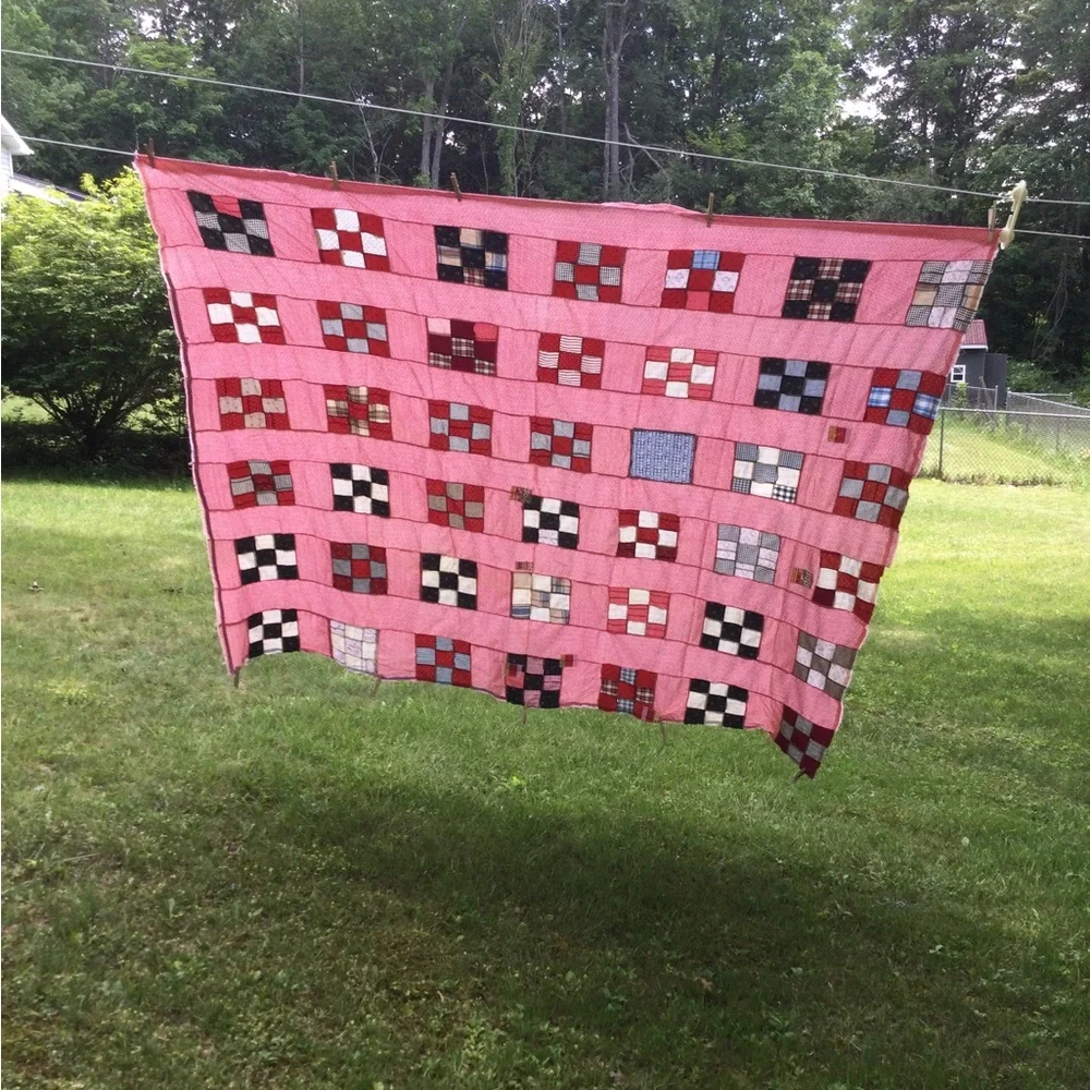 Vintage Quilt top handmade 9 Patch 92x155”